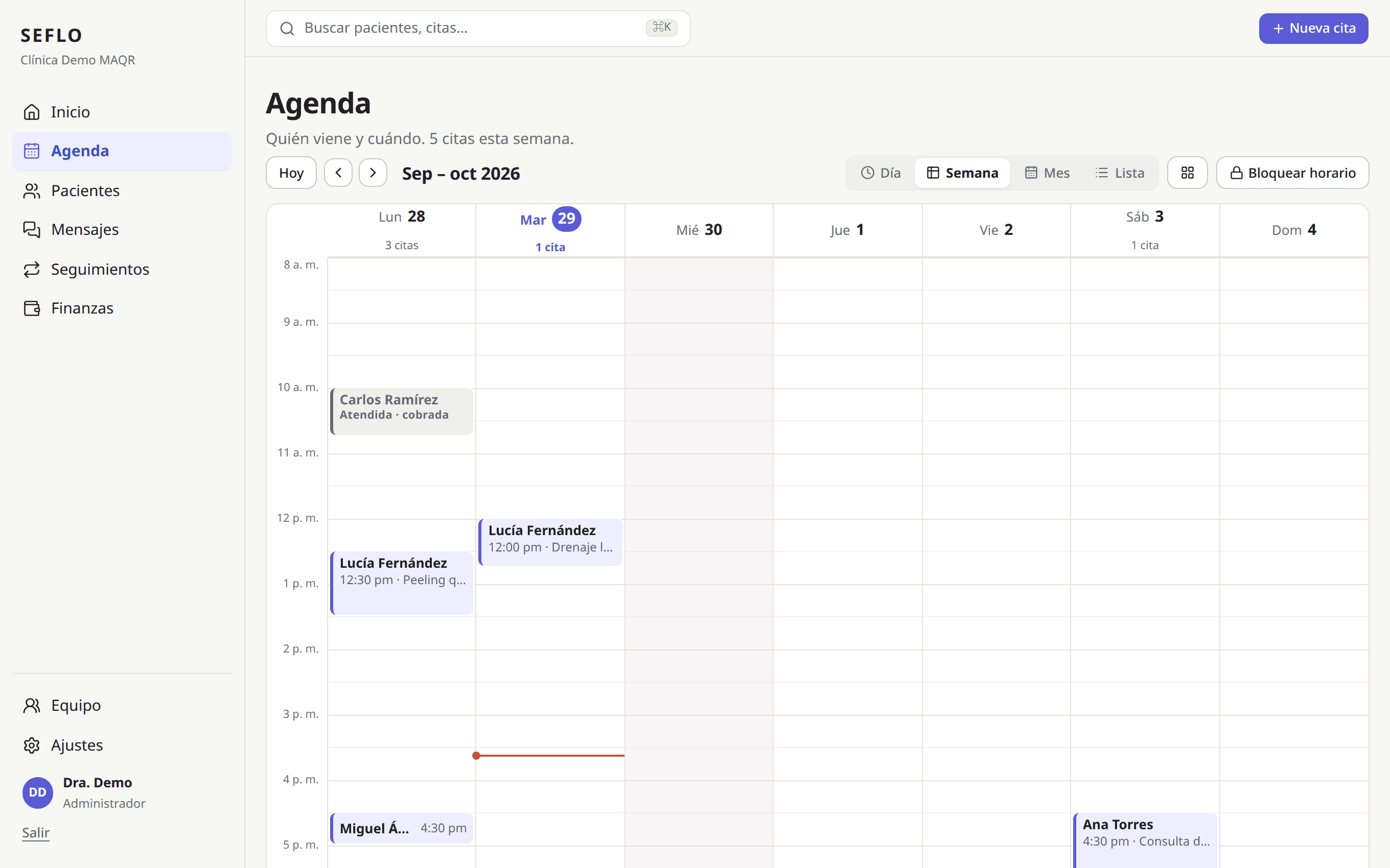 La agenda de la semana, con las citas de cada día.