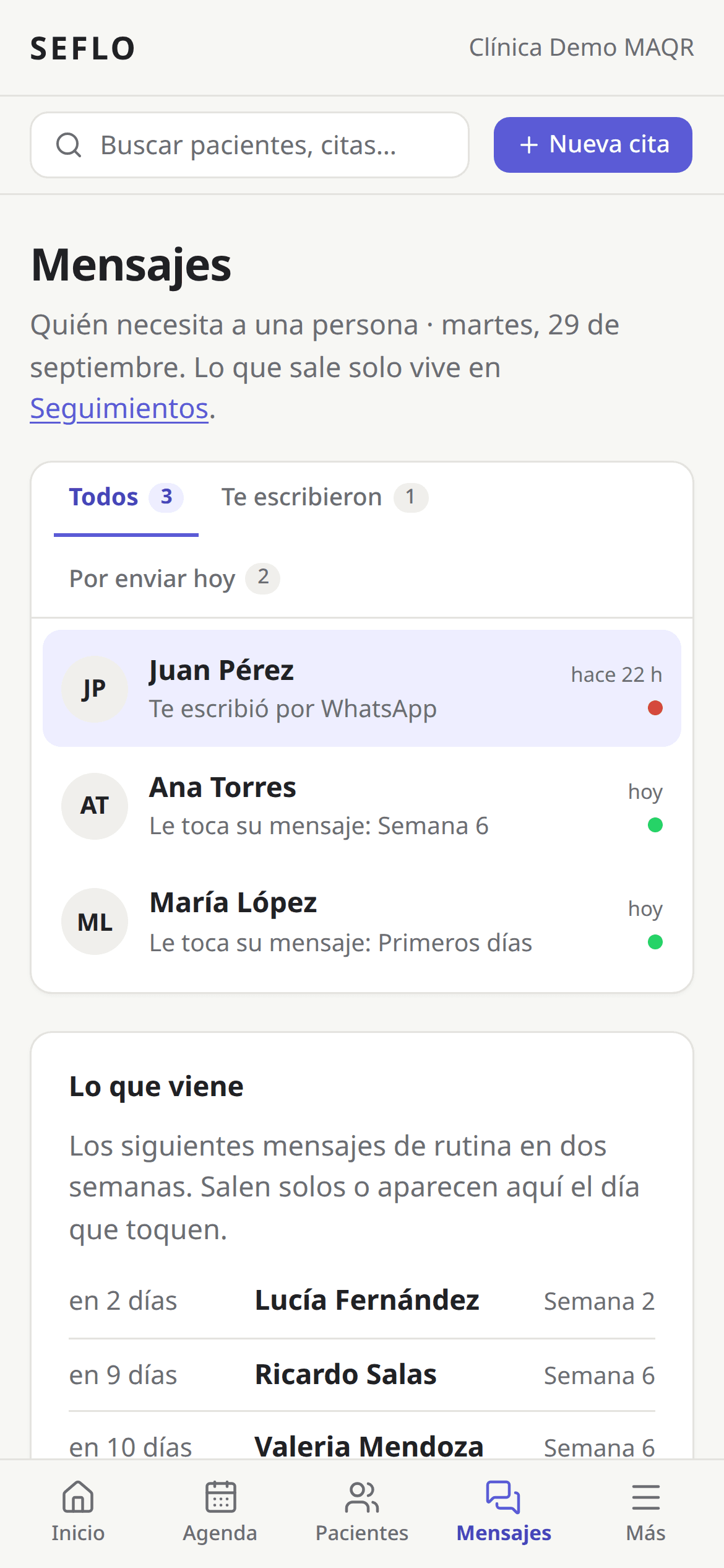 Mensajes en el teléfono: lo que toca hoy, con su botón de mandar por WhatsApp.